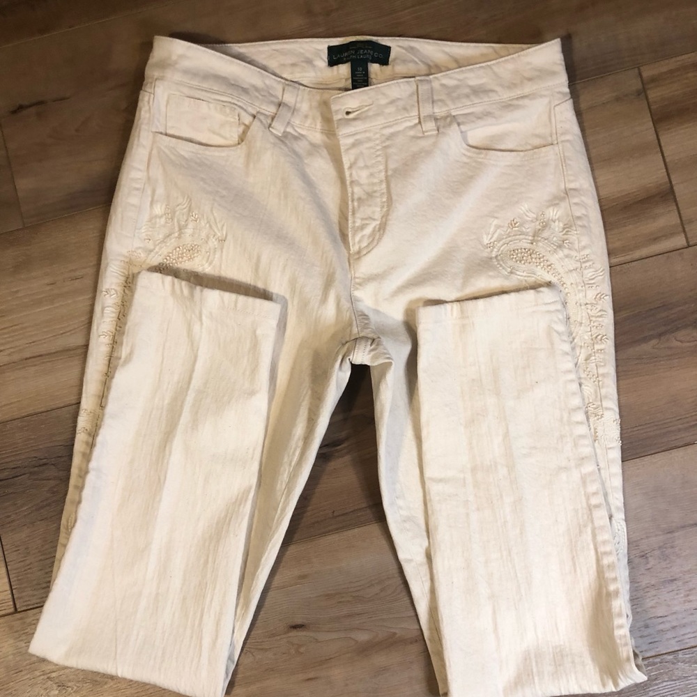 LRL LAUREN JEAN CO. RALPH LAUREN White on White Beaded Jeans Size 10